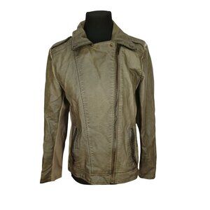 Sebby Collection Olive Faux Leather Moto‎ Biker Jacket Medium